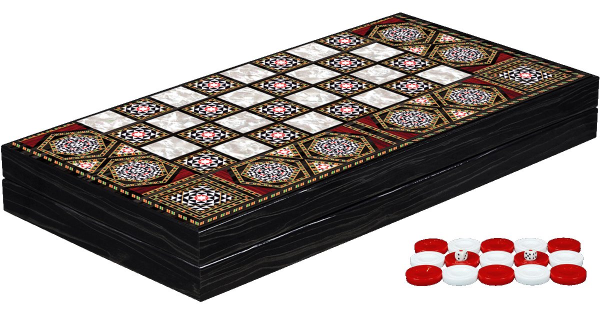 BACKGAMMON & CHECKERS SET MOTHER OF PEARL DESIGN 19" 4 DICES & DOUBLING DICE 